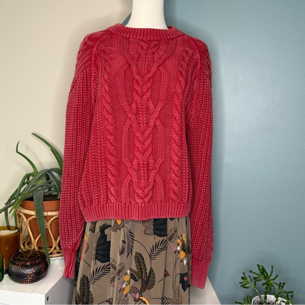 Free People Chunky Cable Knit Sweater Berry Red Cotton Cropped Cozy Knit Small - Picture 2 of 12